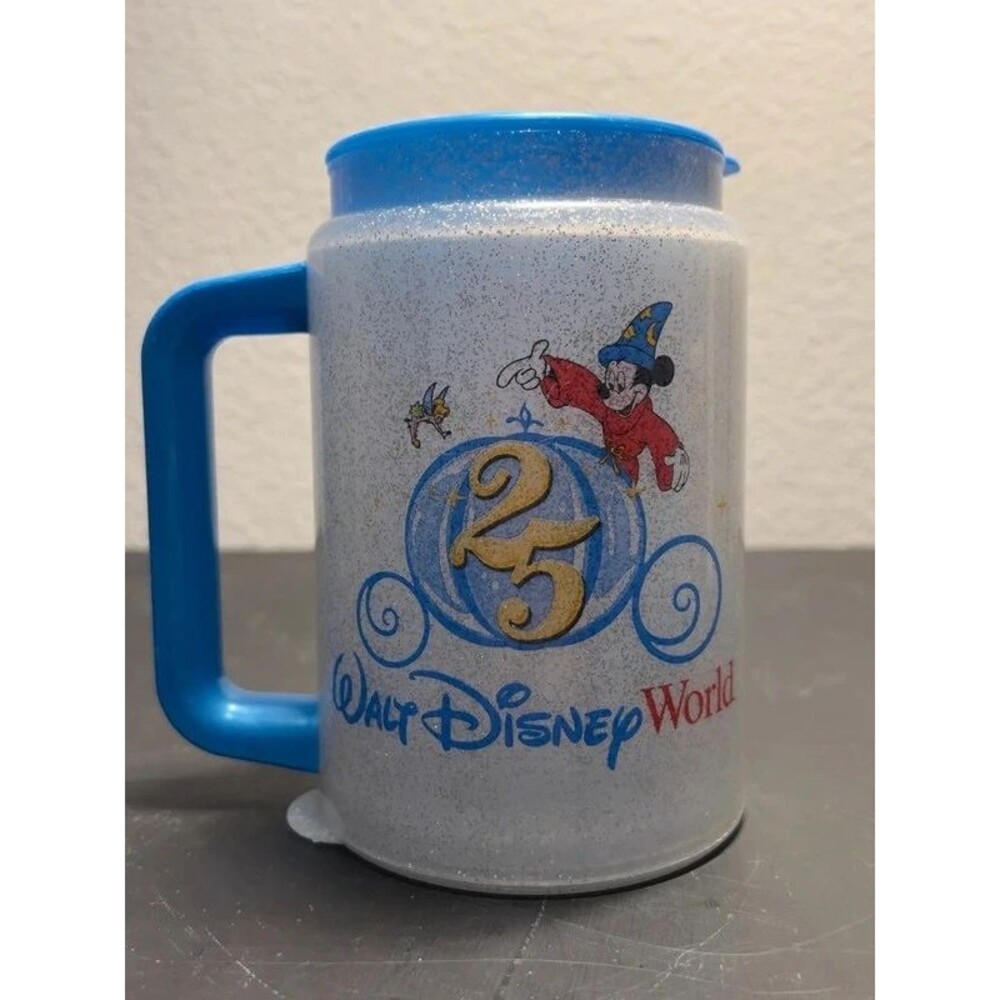 Vintage Walt Disney World 25th Anniversary Mickey Glitter Travel Mug with Lid
